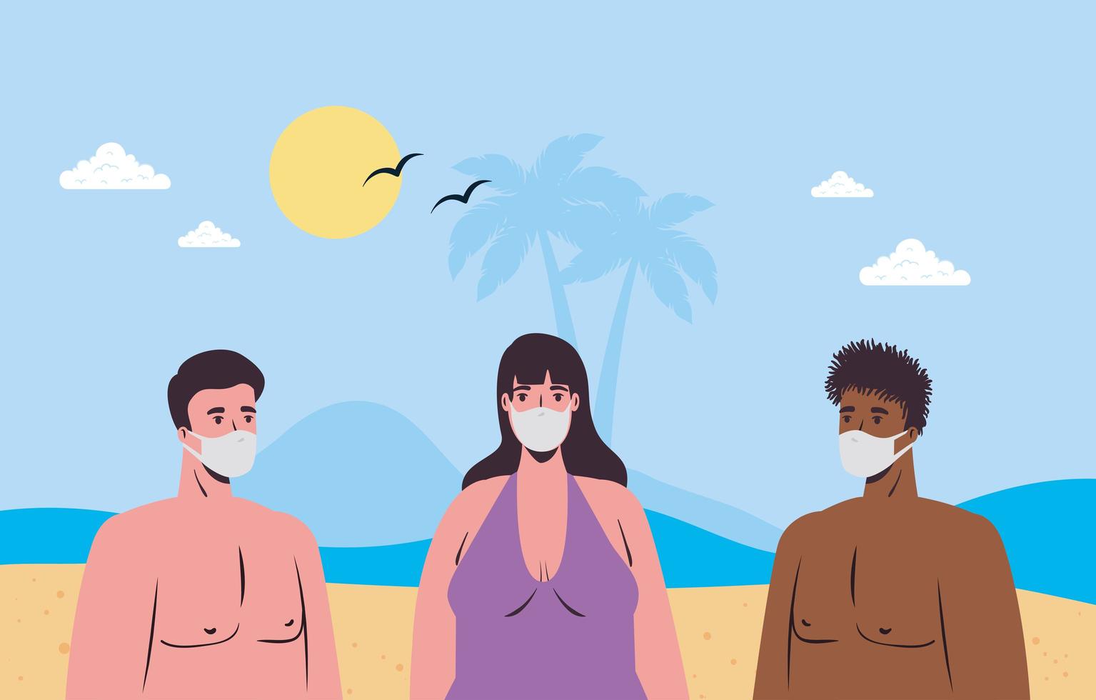 pessoas em trajes de banho, distanciamento social e máscaras faciais na praia vetor