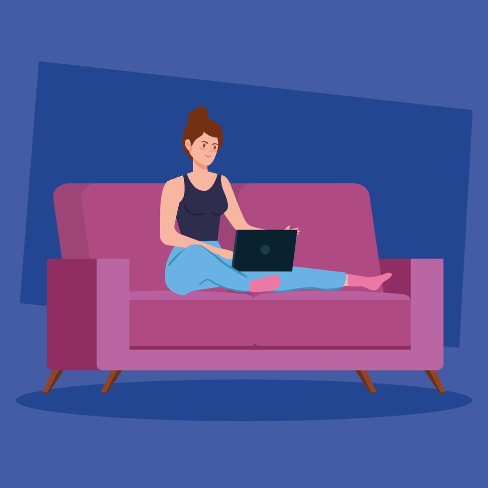 mulher trabalhando com um laptop no sofá vetor
