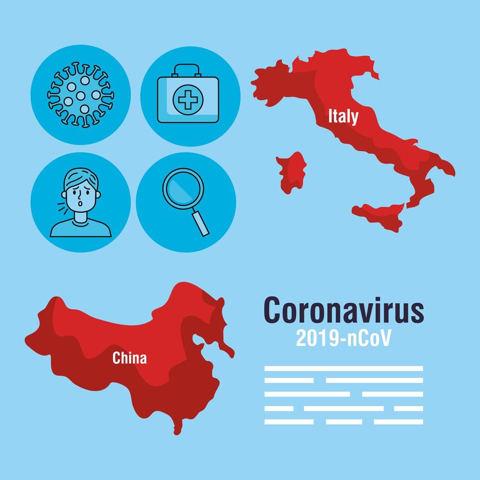 banner da pandemia de coronavírus com mapas da itália e da china vetor