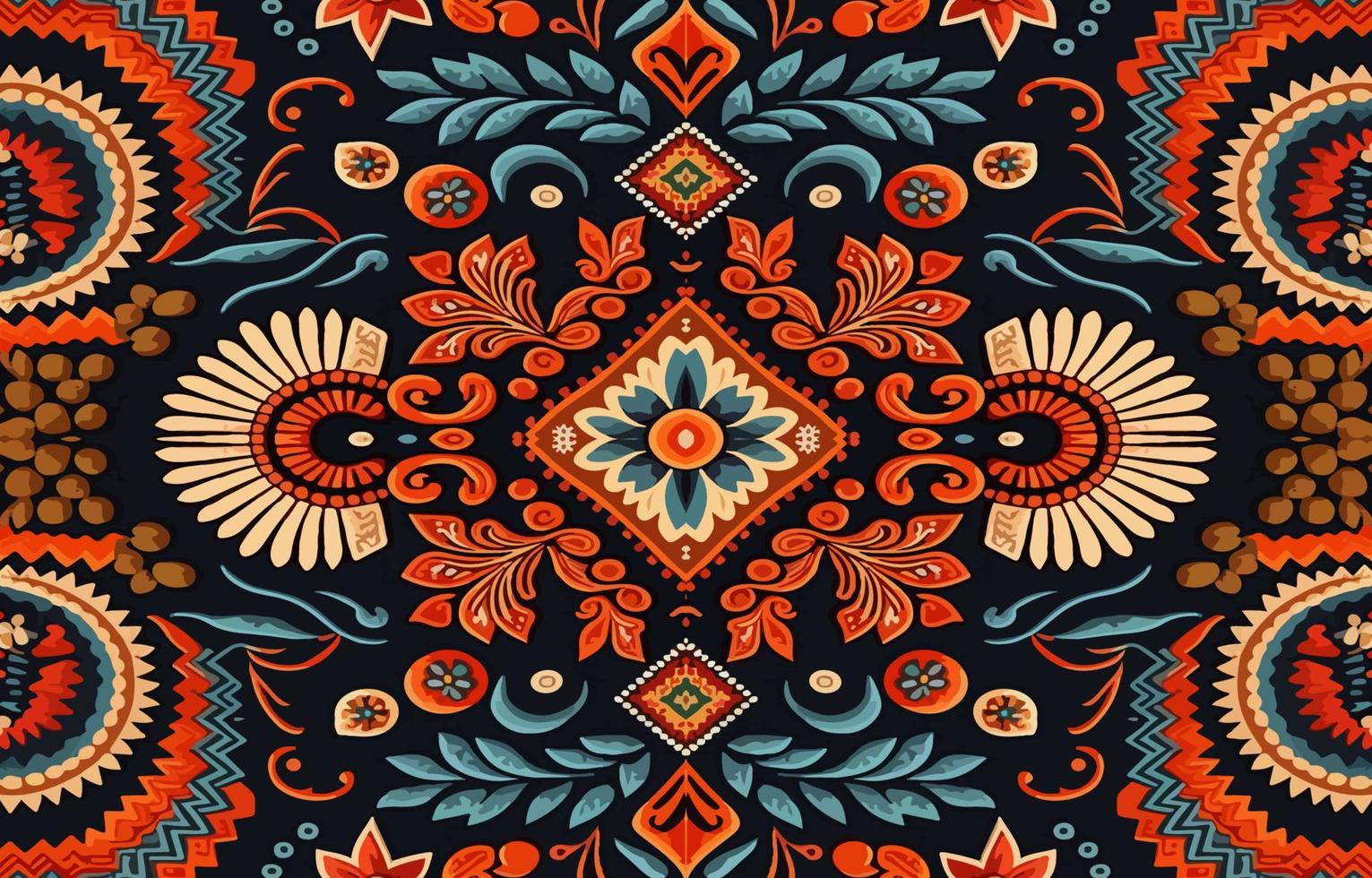 floral desatado tecido padronizar em Preto fundo. abstrato tecido têxtil linha gráfico flor florescendo Antiguidade. étnico colorida flores jardim vetor ornamentado elegante luxo vintage retro estilo.