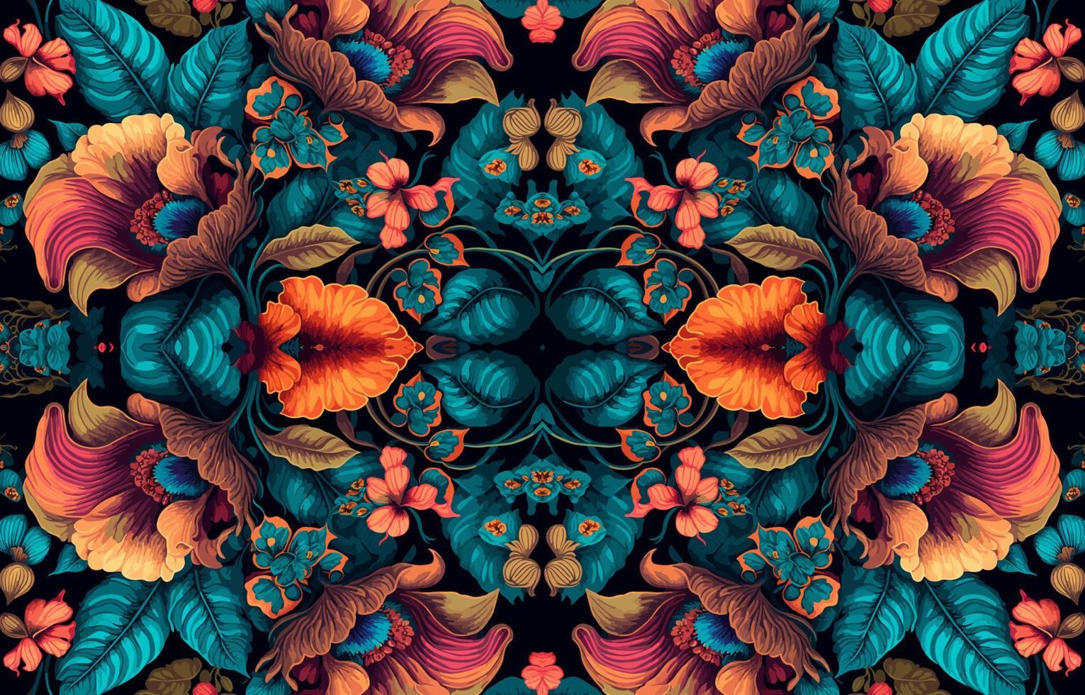 floral desatado tecido padronizar em Preto fundo. abstrato tecido têxtil linha gráfico flor florescendo Antiguidade. étnico colorida flores jardim vetor ornamentado elegante luxo vintage retro estilo.