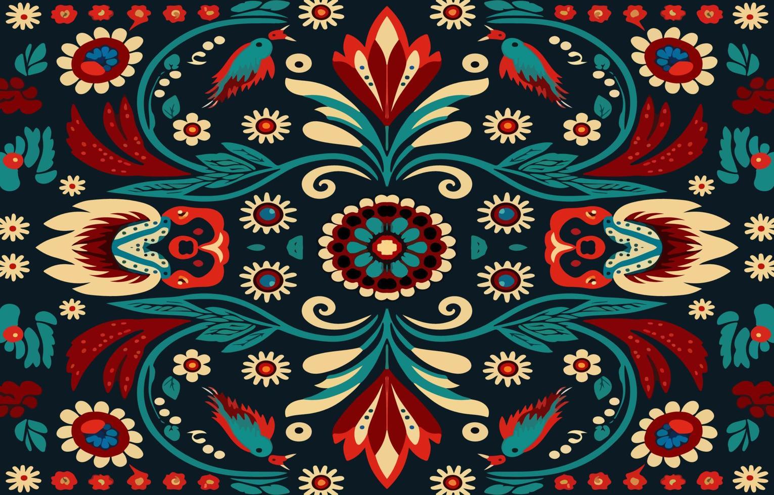 floral desatado tecido padronizar em Preto fundo. abstrato tecido têxtil linha gráfico flor florescendo Antiguidade. étnico colorida flores jardim vetor ornamentado elegante luxo vintage retro estilo.