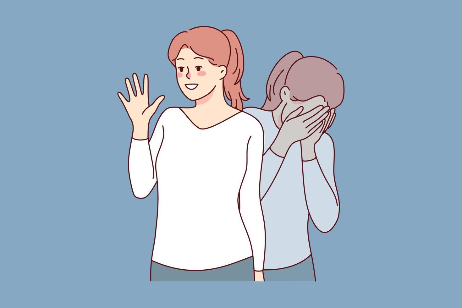 menina fingindo feliz e sorridente sofrimento a partir de depressão mental discriminação. jovem mulher luta com psicologia problemas dentro. vetor ilustração.