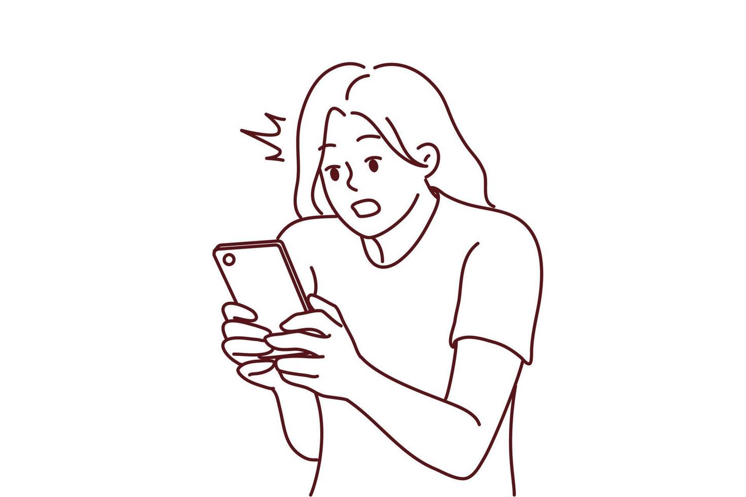 espantado jovem mulher Veja às celular tela chocado de inacreditável mensagem on-line. atordoado menina surpreso com notícia conectados em Smartphone. vetor ilustração.