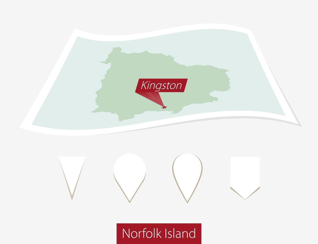 curvado papel mapa do Norfolk ilha com capital Kingston em cinzento fundo. quatro diferente mapa PIN definir. vetor