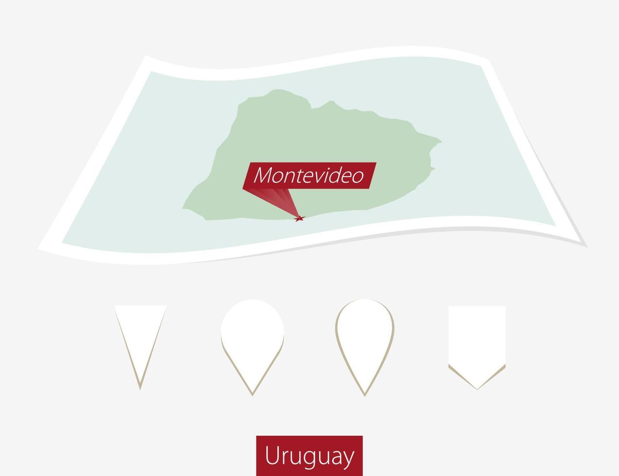 curvado papel mapa do Uruguai com capital montevideo em cinzento fundo. quatro diferente mapa PIN definir. vetor