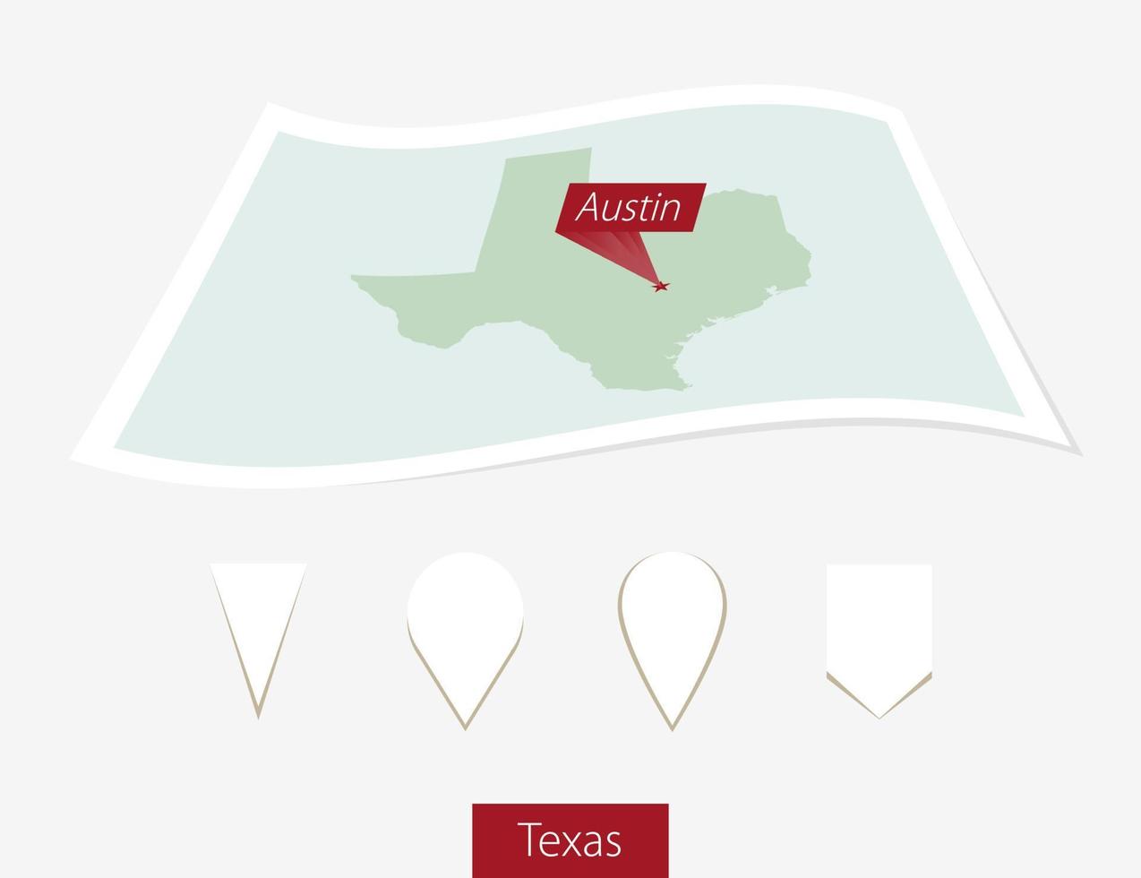 curvado papel mapa do texas Estado com capital Austin em cinzento fundo. quatro diferente mapa PIN definir. vetor