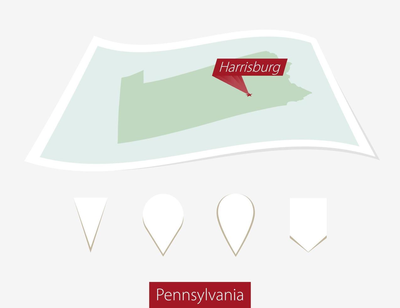 curvado papel mapa do pensilvânia Estado com capital Harrisburg em cinzento fundo. quatro diferente mapa PIN definir. vetor