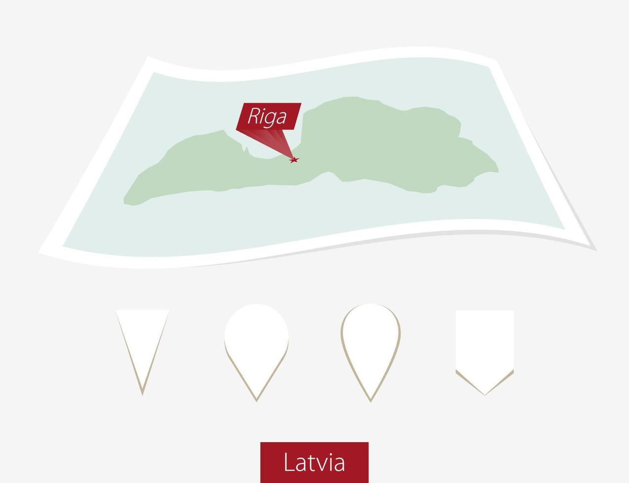 curvado papel mapa do Letônia com capital riga em cinzento fundo. quatro diferente mapa PIN definir. vetor