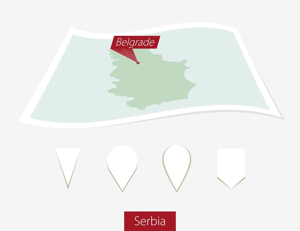 curvado papel mapa do Sérvia com capital Belgrado em cinzento fundo. quatro diferente mapa PIN definir. vetor