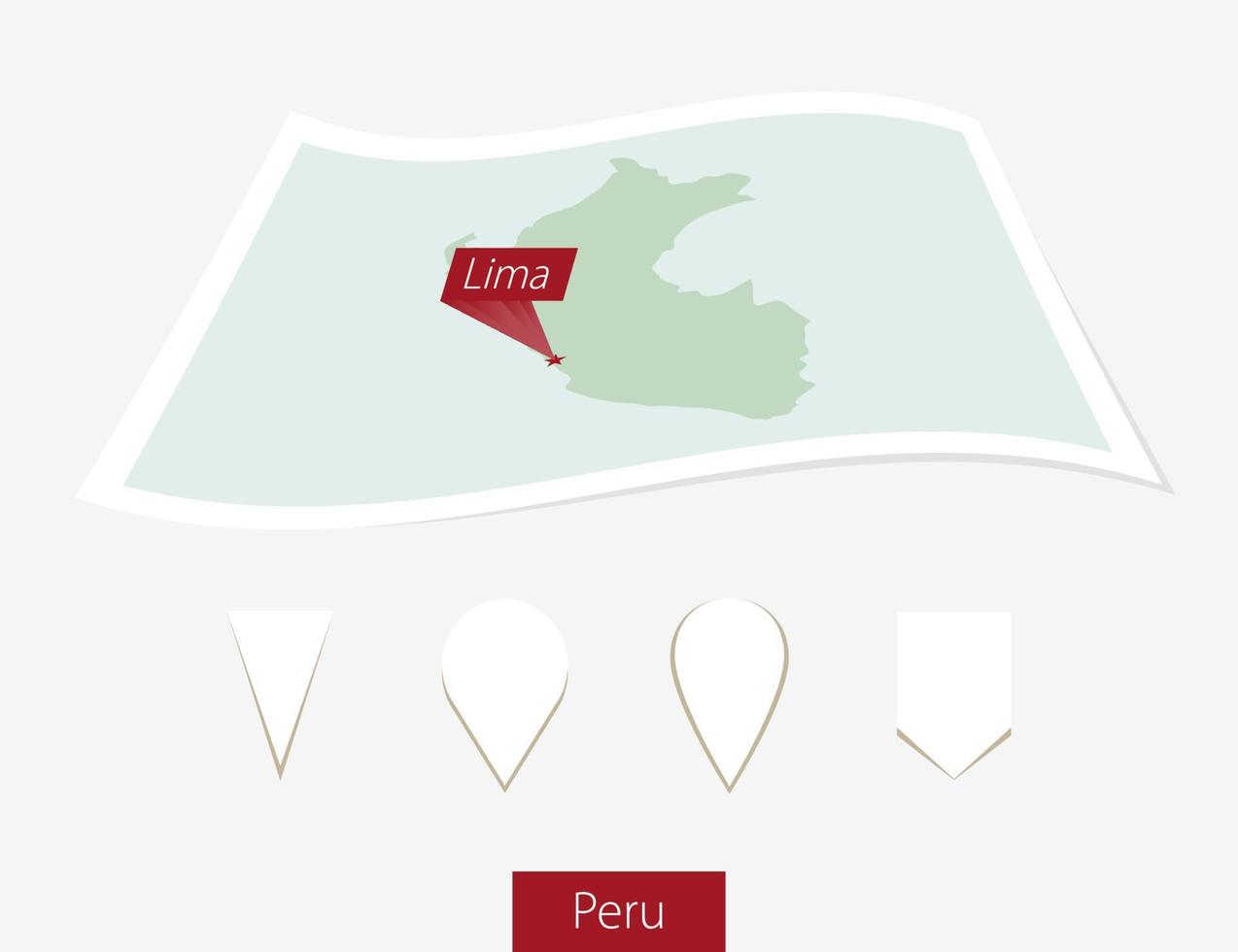 curvado papel mapa do Peru com capital Lima em cinzento fundo. quatro diferente mapa PIN definir. vetor