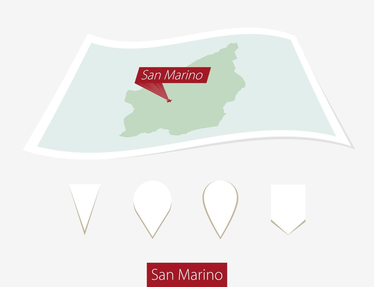 curvado papel mapa do san marino com capital san marino em cinzento fundo. quatro diferente mapa PIN definir. vetor