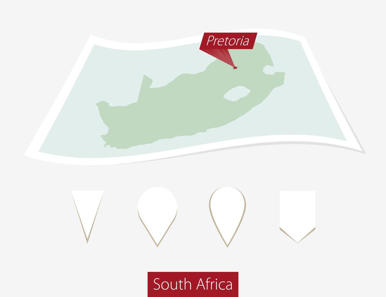 curvado papel mapa do sul África com capital Pretória em cinzento fundo. quatro diferente mapa PIN definir. vetor