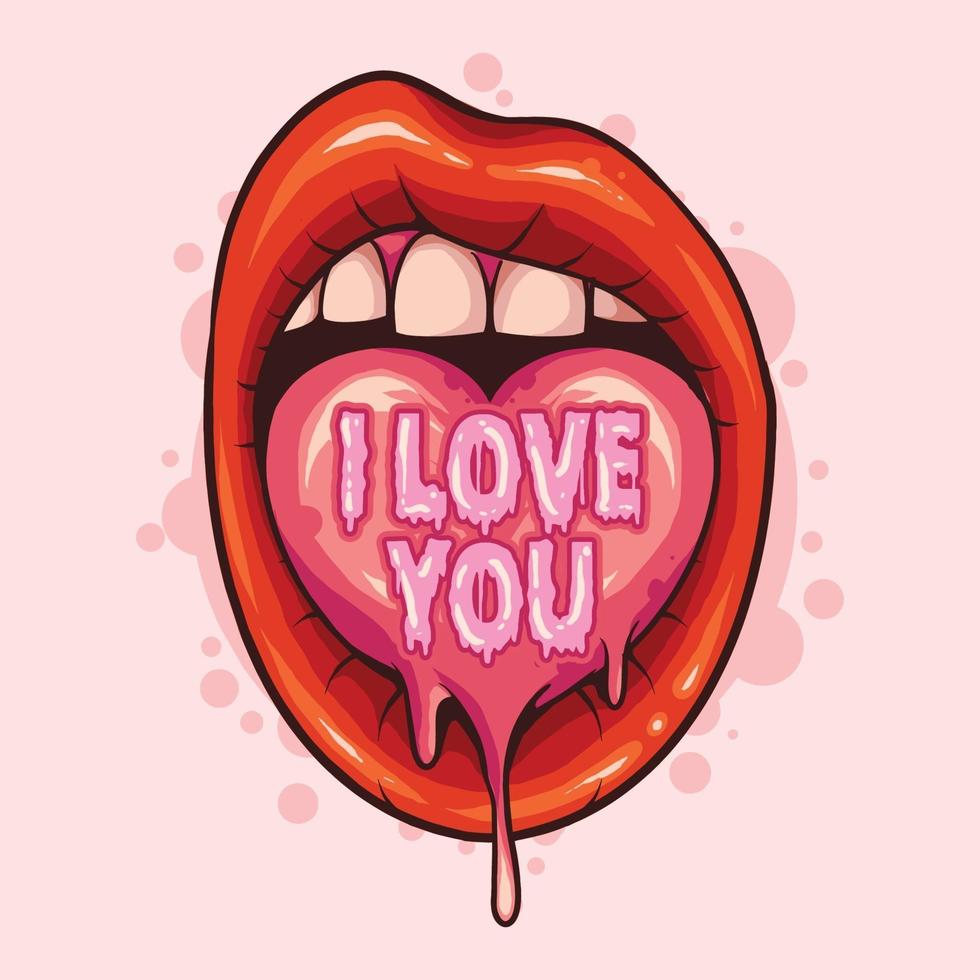 lábios com design de dia dos namorados com uma língua em forma de coração que diz eu te amo vetor