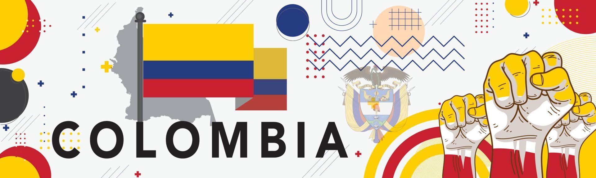 bandeira Colômbia nacional dia com mapa, bandeira cores tema fundo e geométrico abstrato retro moderno azul vermelho amarelo Projeto. colombiano tema. Bogotá vetor ilustração