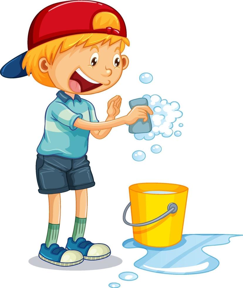 um menino segurando uma esponja de lavar e um balde de água personagem de desenho animado no fundo branco vetor