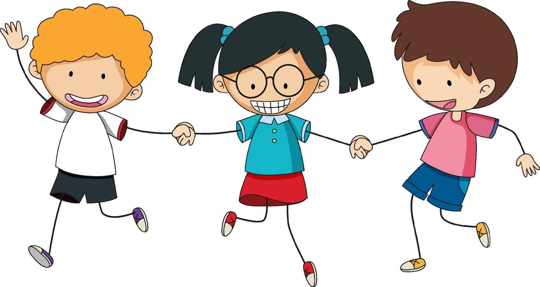 crianças felizes de mãos dadas doodle personagem de desenho animado vetor