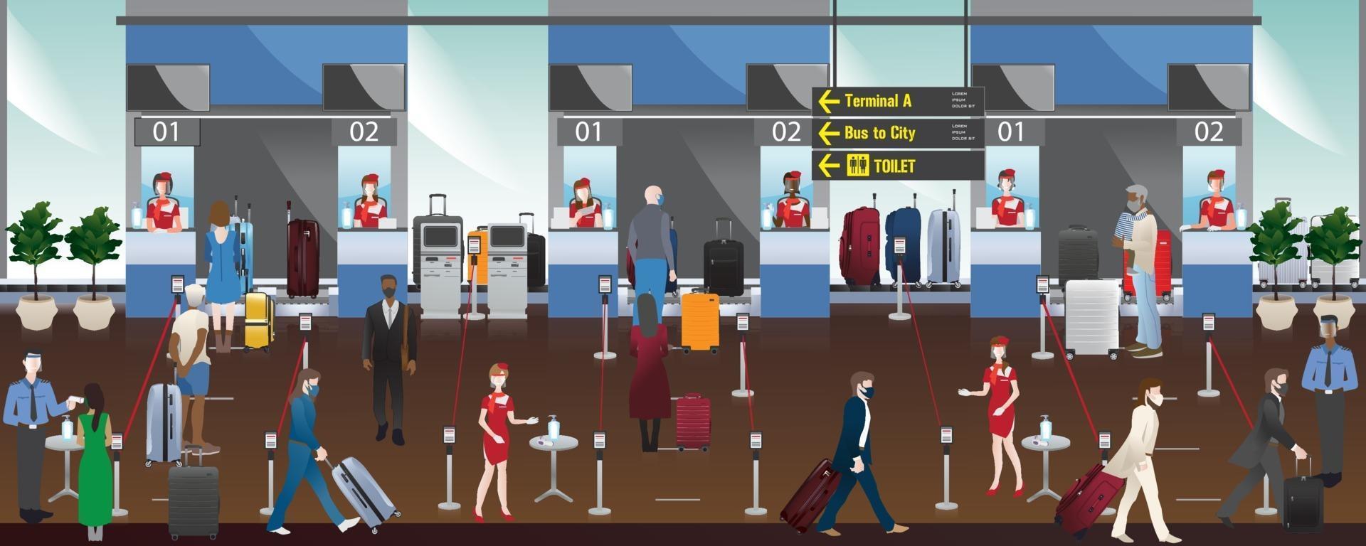 funcionários do aeroporto e passageiros nas zonas de check-in do aeroporto, distanciamento social evita covid-19, ilustração plana de alta qualidade. vetor