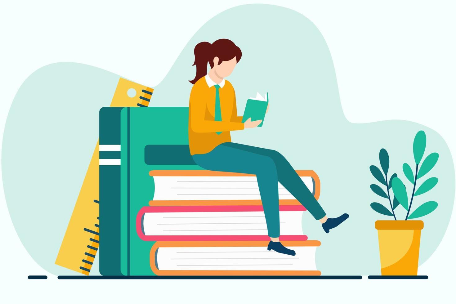 mulher sentado em uma pilha do livros e lendo uma livro. plano vetor ilustração.