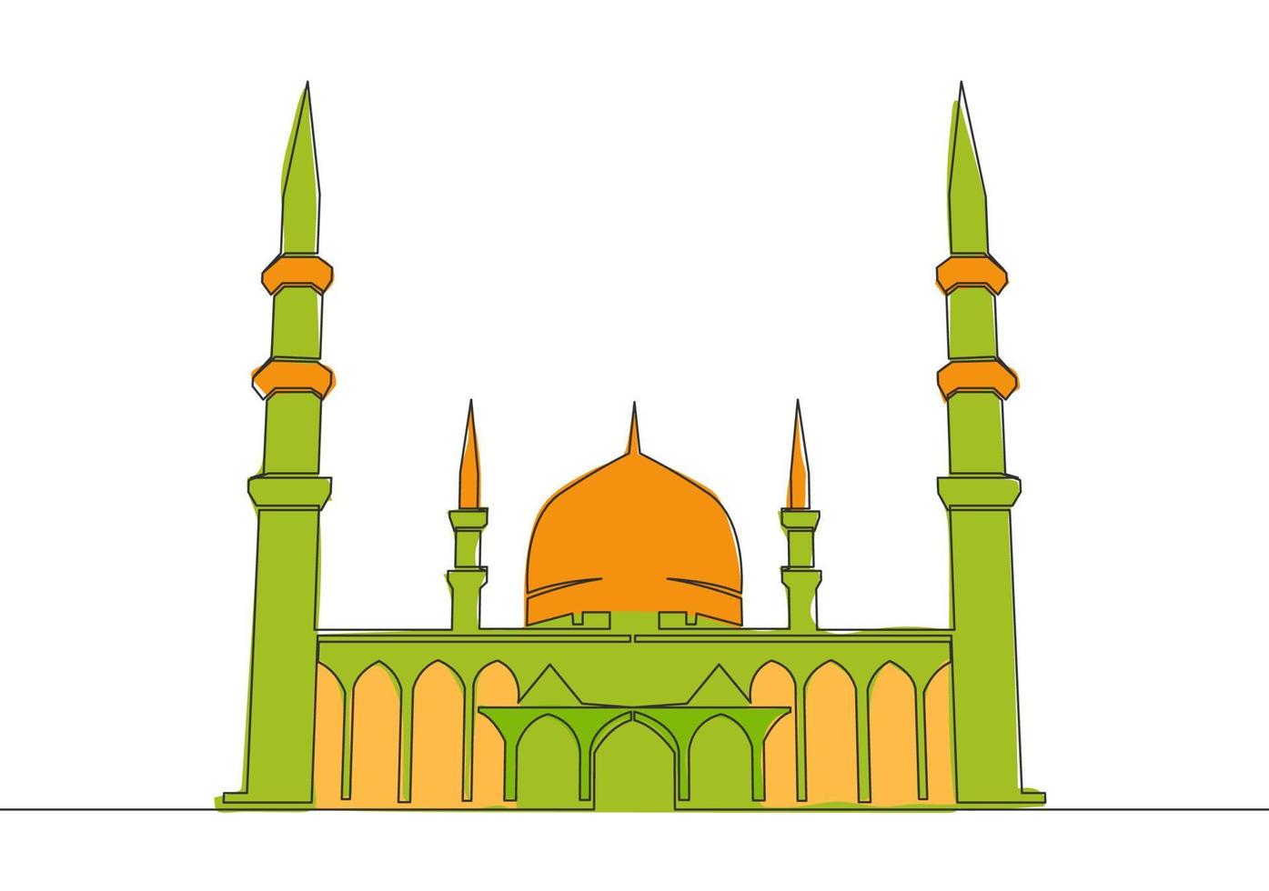 1 contínuo linha desenhando do islâmico histórico ponto de referência masjid ou mesquita. a antigo construção este trabalho Como uma Lugar, colocar do adoração para muçulmano pessoa conceito solteiro linha desenhar Projeto vetor ilustração