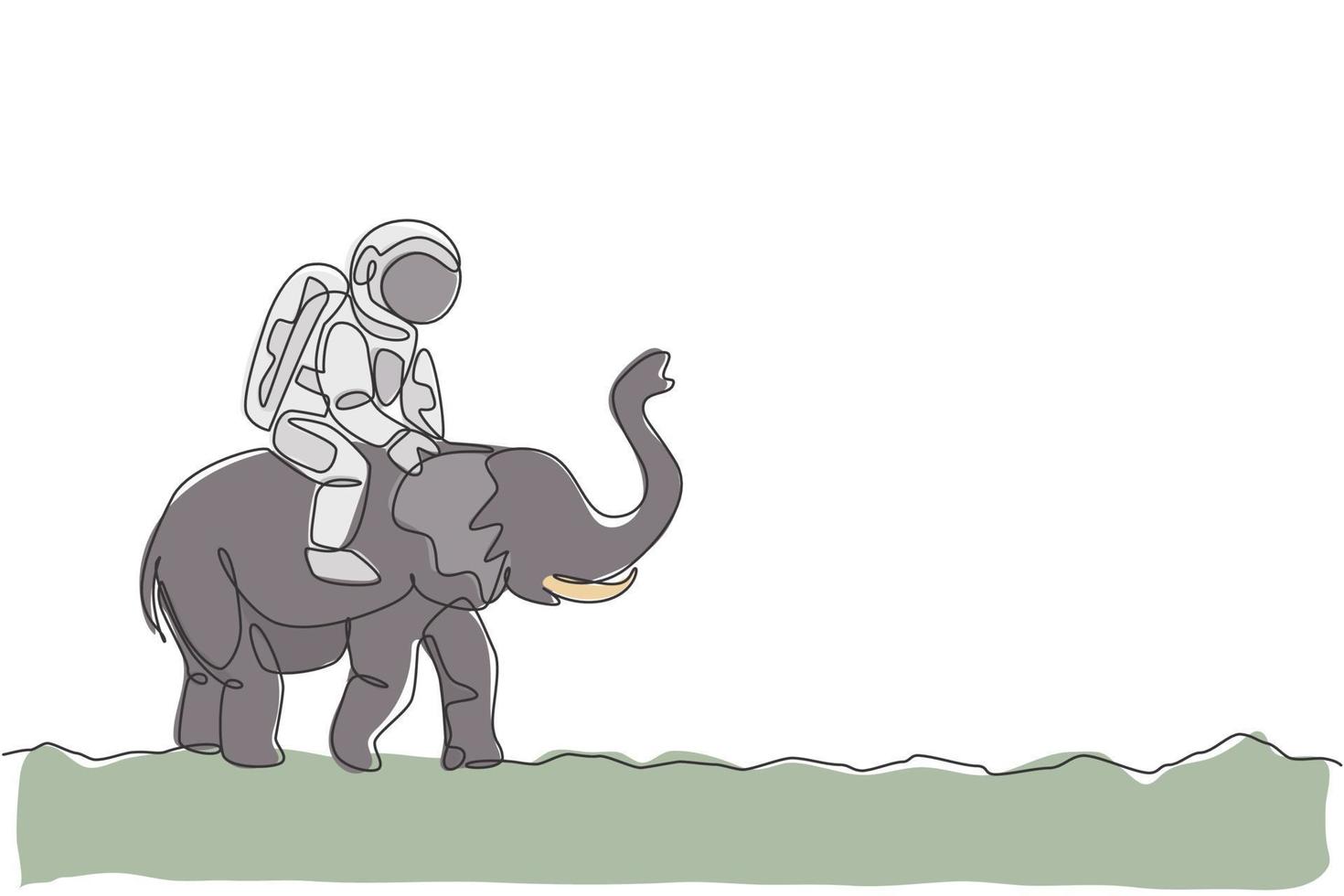 único desenho de linha contínua de cosmonauta com traje espacial montando elefante asiático, animal selvagem na superfície da lua. fantasia astronauta safari viagem conceito. ilustração em vetor desenho desenho de uma linha na moda