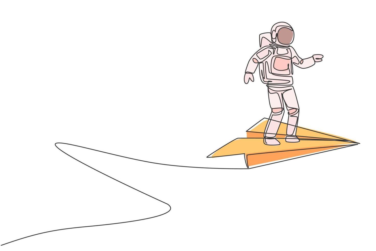 desenho de linha único contínuo de jovem astronauta parado em um avião de papel voando no céu. conceito de espaço sideral do cosmonauta. tendência de uma linha desenhar ilustração vetorial de design gráfico vetor