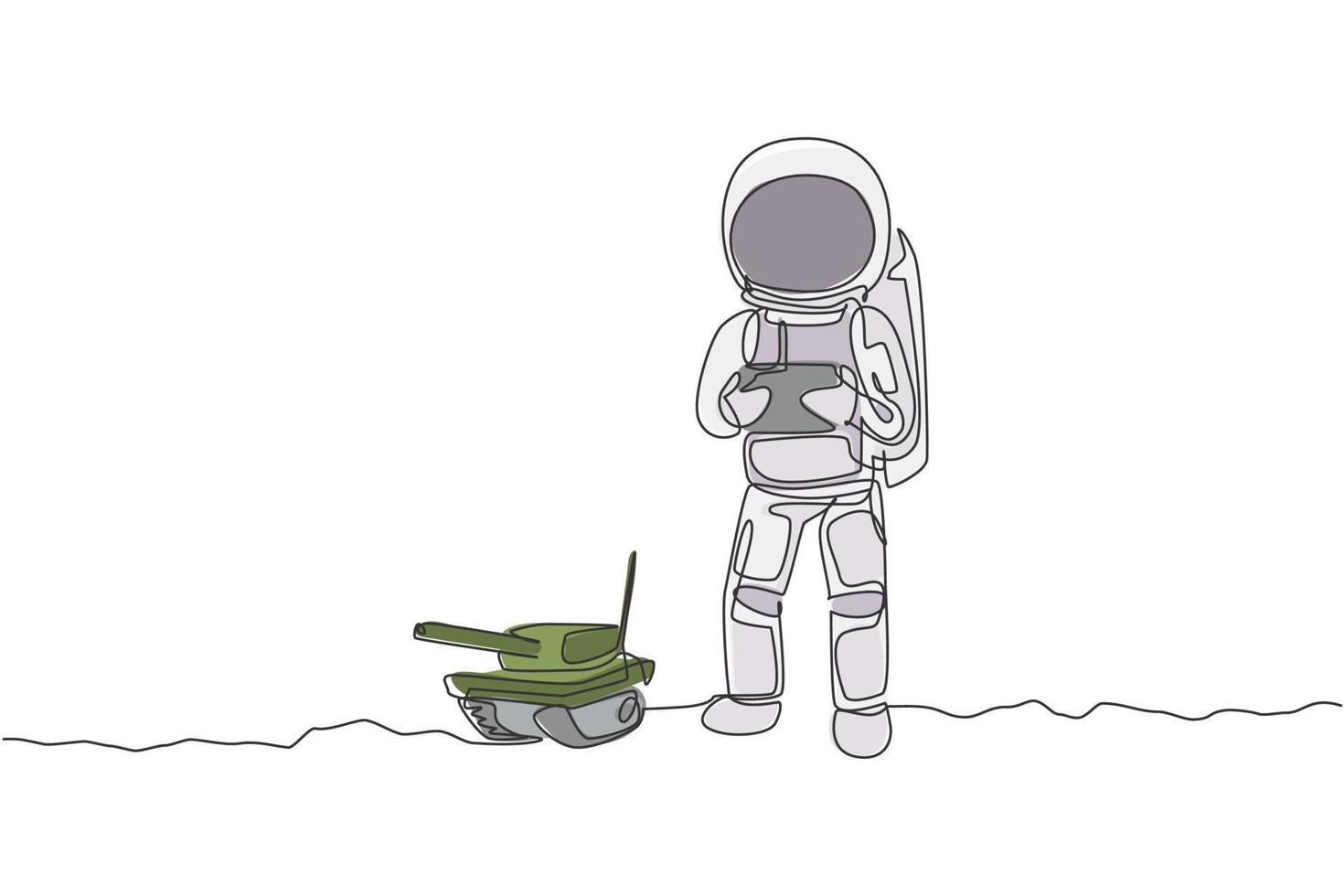 um desenho de linha contínua do astronauta jogando o controle de rádio do tanque de guerra na galáxia cósmica da lua. conceito de passatempo e estilo de vida do espaço sideral. ilustração em vetor gráfico de desenho de linha única dinâmica