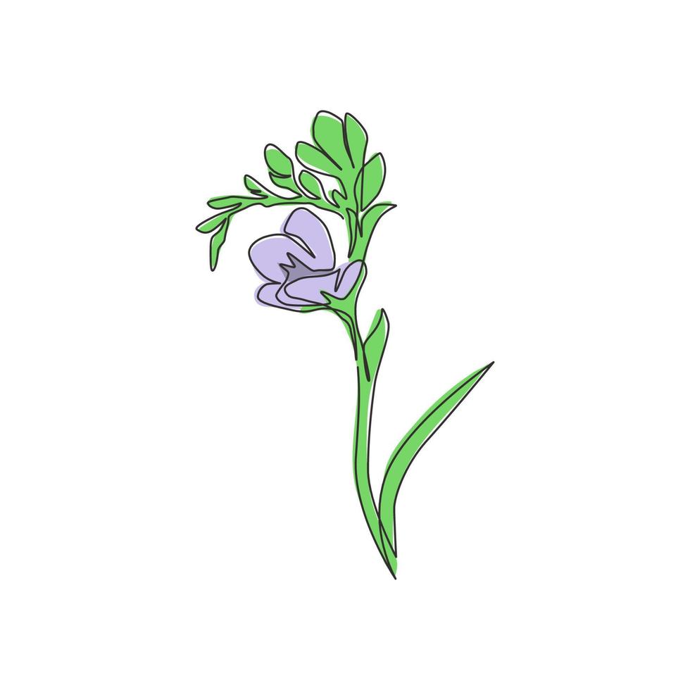 desenho de linha única de frésia fresca de beleza para o logotipo do jardim. decorativo do conceito de flor herbácea para a arte de impressão de cartaz de decoração de parede em casa. ilustração em vetor desenho moderno linha contínua