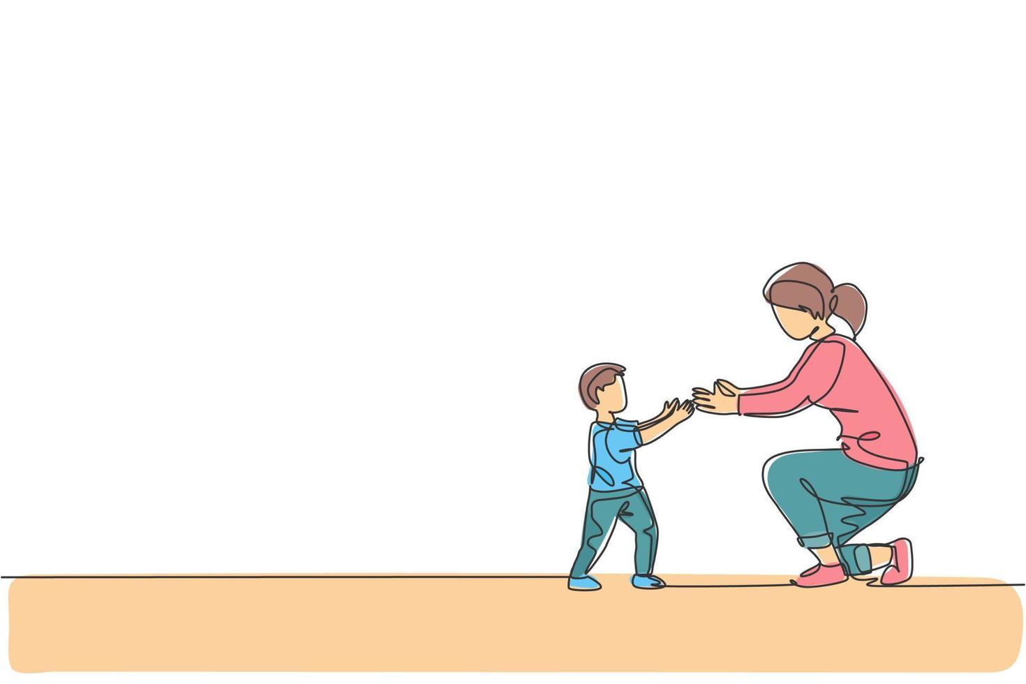 desenho de linha contínua única de jovem mãe pronta para abraçar seu filho que aprendeu a caminhar em sua direção em casa, parental feliz. conceito de cuidado amoroso de família. ilustração em vetor desenho desenho de uma linha na moda