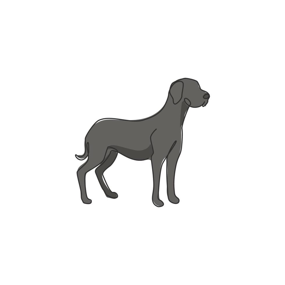 um desenho de linha contínua do arrojado cão dinamarquês para a identidade do logotipo da empresa de segurança. conceito de mascote de cão de raça pura para ícone de animal de estimação amigável de pedigree. ilustração em vetor moderno desenho de linha única