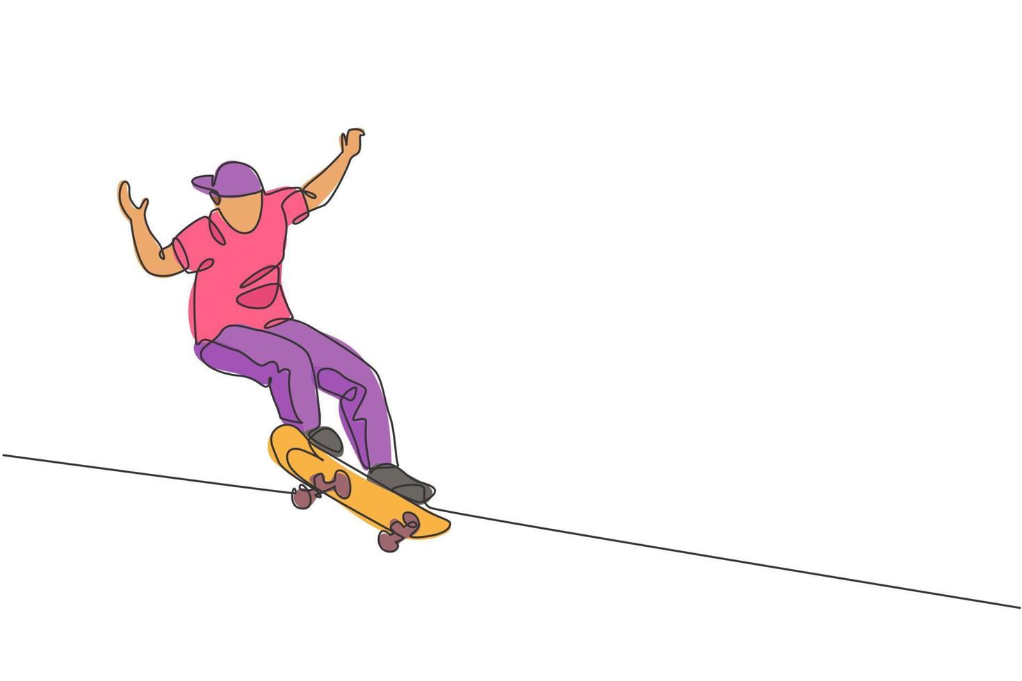 único desenho de linha contínua do jovem skatista legal andando de skate e realizando truque de salto no parque de skate. praticando o conceito de esporte ao ar livre. ilustração em vetor design de desenho de uma linha na moda