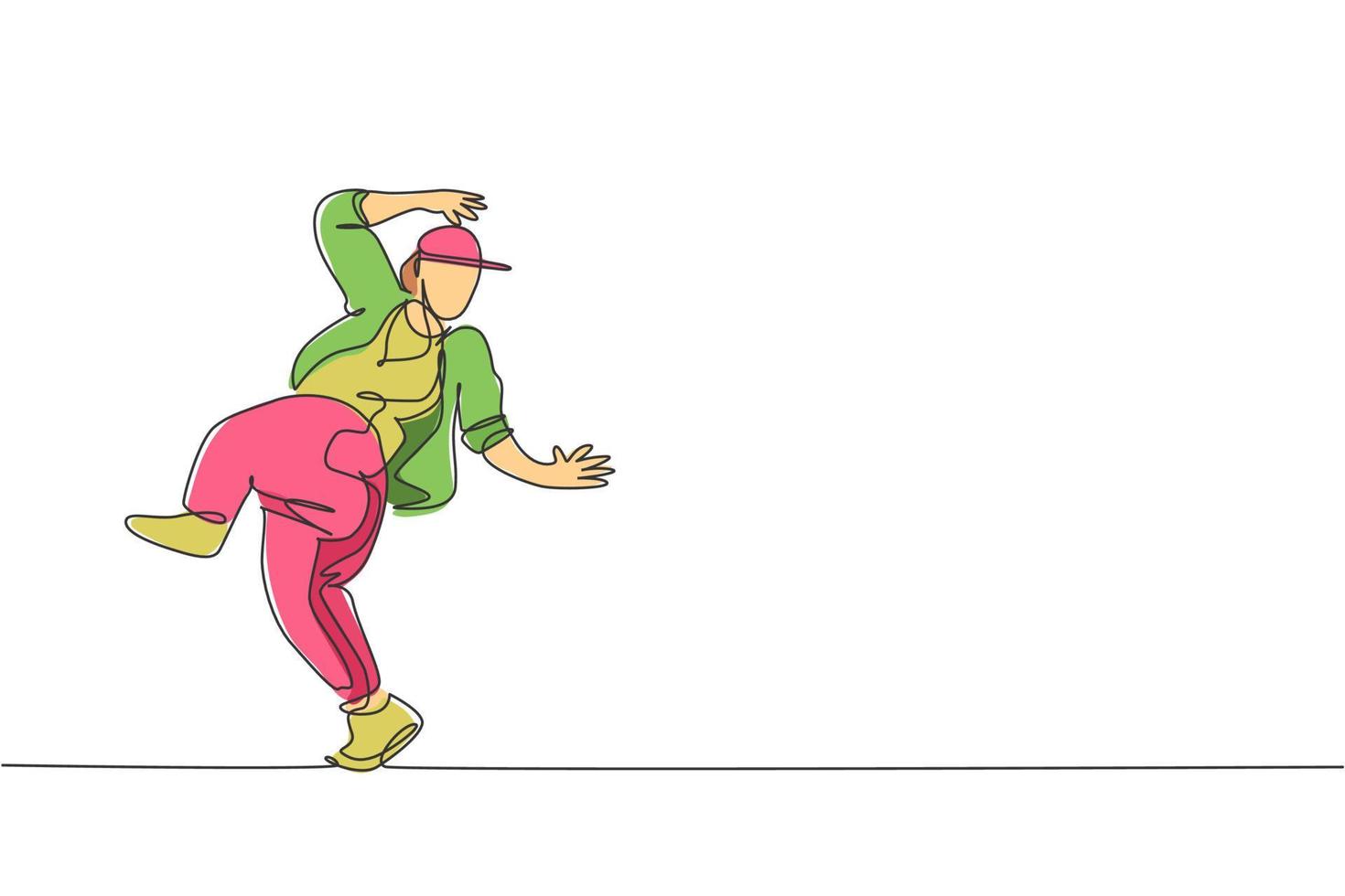 Uma única linha de desenho jovem dançarino de rua moderno com agasalho esportivo realizando dança hip hop na ilustração do gráfico vetorial de palco. conceito de estilo de vida de geração urbana. design de desenho de linha contínua vetor