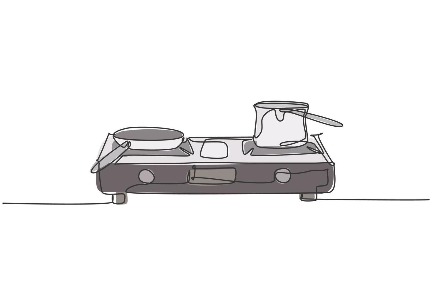 um desenho de linha contínua de fogão a gás com panela de aço inoxidável acima do eletrodoméstico. conceito de modelo de ferramentas domésticas de eletricidade de cozinha. ilustração do gráfico vetorial moderna de desenho de linha única vetor