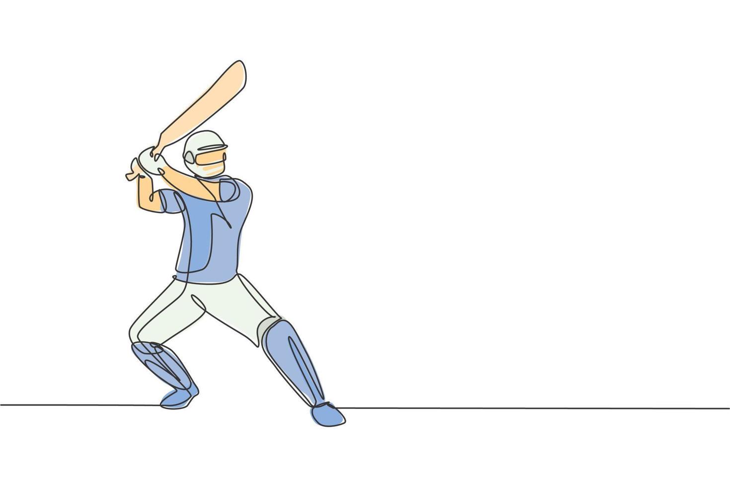 único desenho de linha contínua de jogador de críquete jovem ágil em pé e pronto para acertar a ilustração vetorial de bola. conceito de exercício esportivo. design moderno de desenho de uma linha para mídia de promoção de críquete vetor