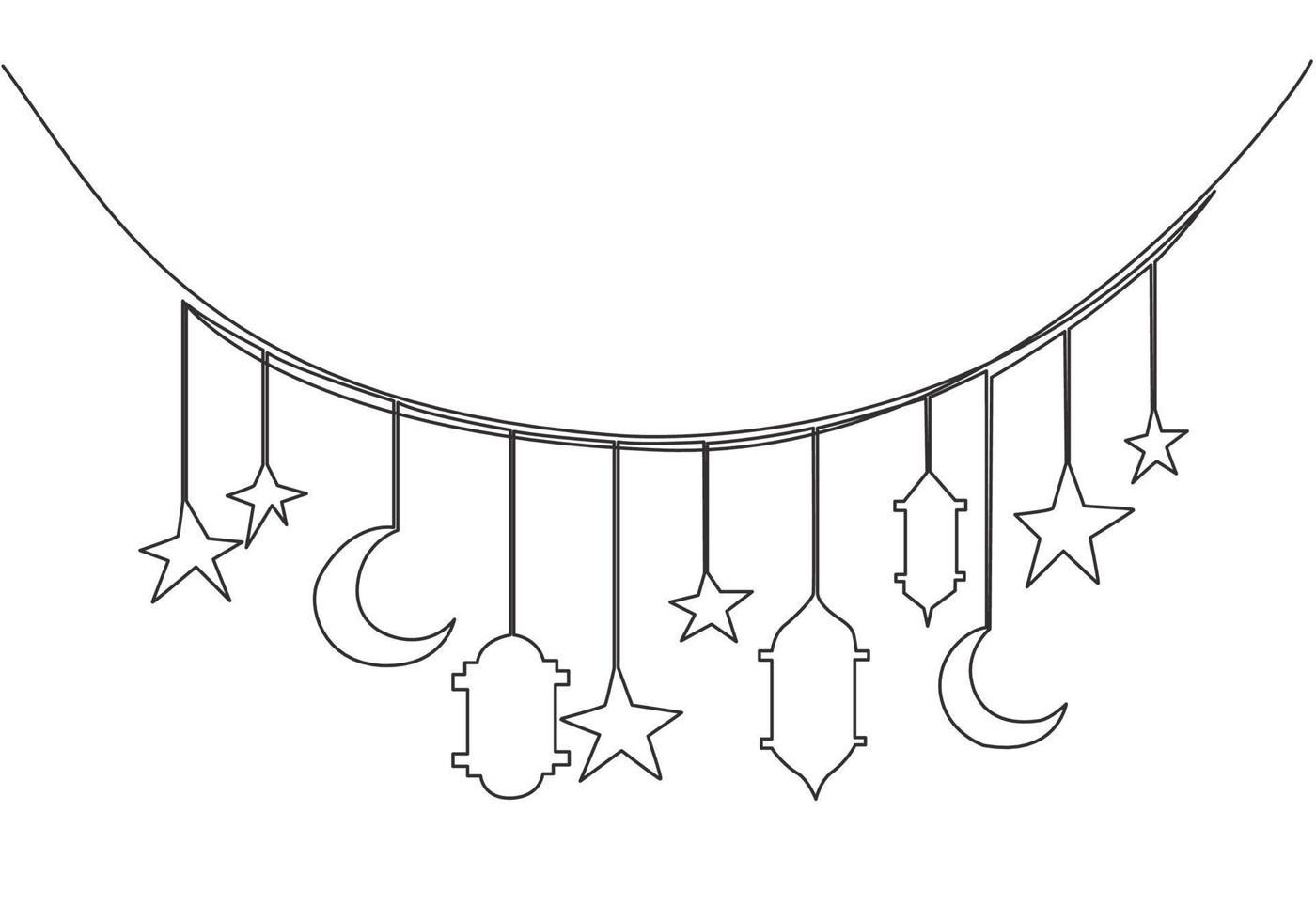 Ramadã kareem cumprimento cartão, poster e bandeira Projeto fundo. 1 solteiro linha desenhando do islâmico enfeite com luas, estrelas, lanternas e lâmpadas. contínuo linha desenhar vetor ilustração