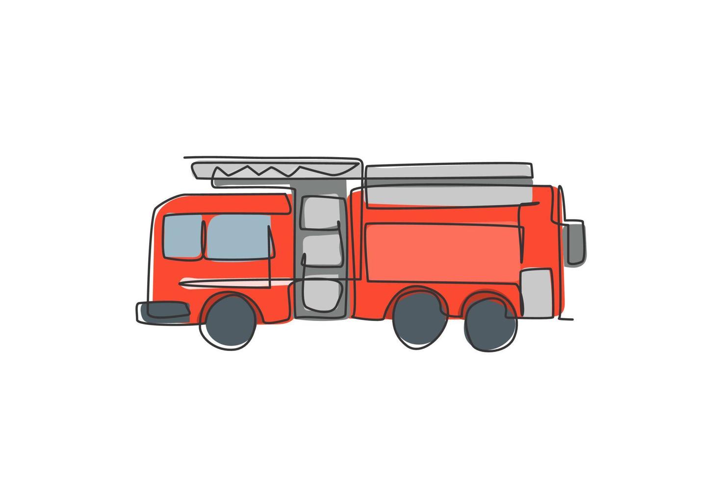desenho de linha único de caminhão de bombeiros com escada de resgate e bocal. viatura de bombeiros como aparelho de bombeiro isolado doodle conceito mínimo. moderna linha contínua desenhar design gráfico ilustração vetorial vetor