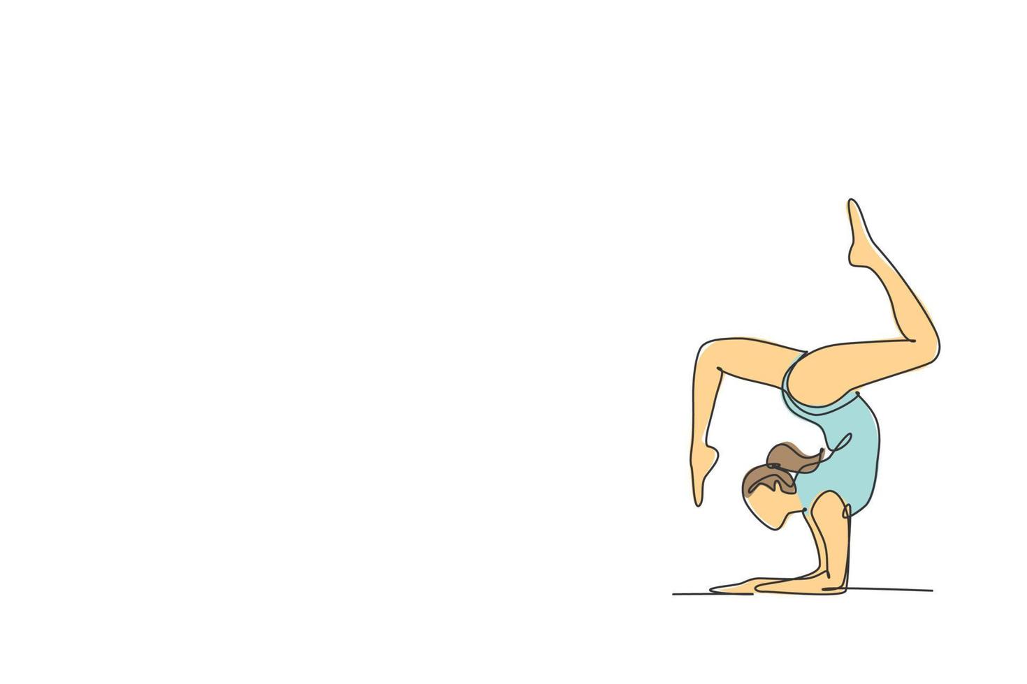 1 contínuo linha desenhando do rítmico movimento jovem beleza ginasta garota. chão exercício artista dentro collant. saudável ativo esporte dança conceito. dinâmico solteiro linha desenhar Projeto vetor ilustração