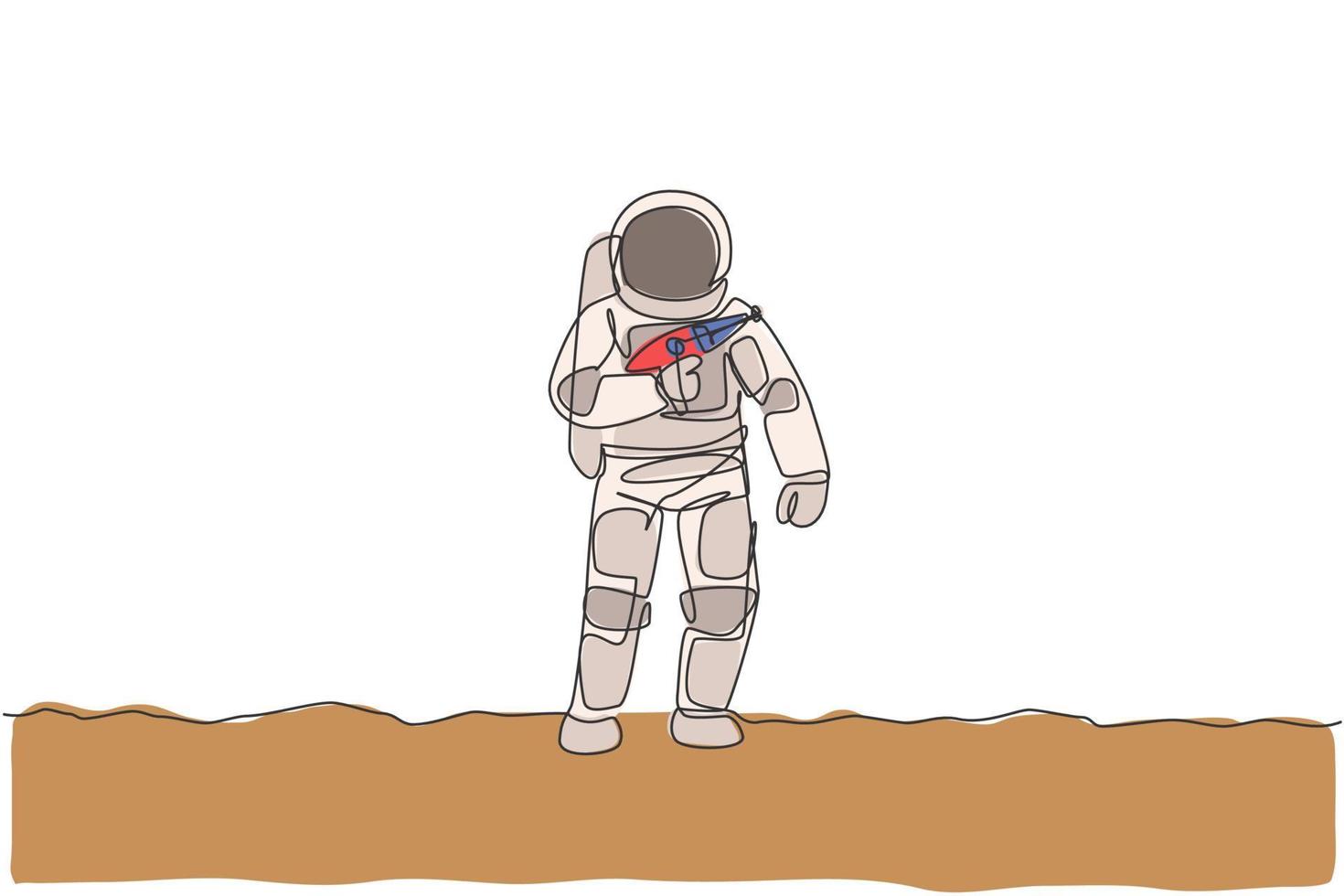 um desenho de linha única do jovem astronauta segurando uma arma laser espacial, prepare-se para a guerra na ilustração do gráfico vetorial de superfície da lua. conceito de espaço profundo do cosmonauta. design moderno de desenho de linha contínua vetor