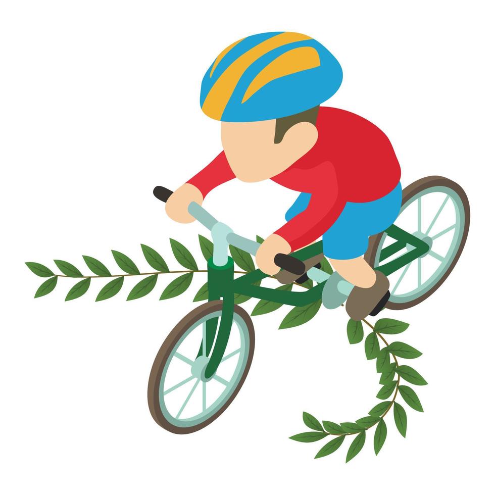 ciclista ícone isométrico vetor. masculino ciclista atleta em bicicleta e verde ramo vetor