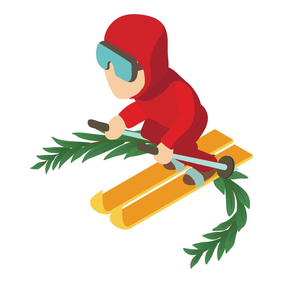 esquiador ícone isométrico vetor. masculino personagem equitação em esqui e vencedora guirlanda ícone vetor