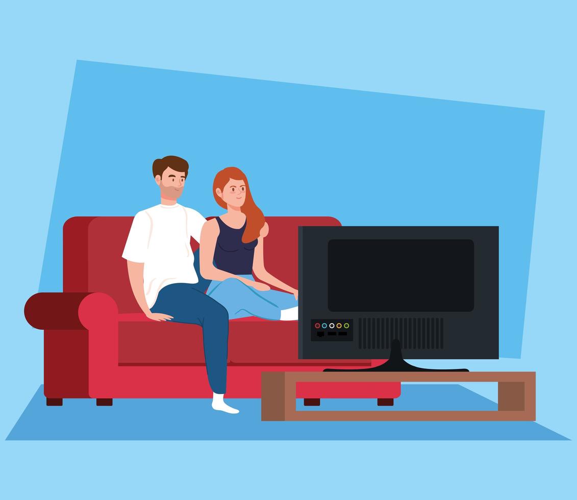 ficar em casa campanha com casal assistindo tv vetor