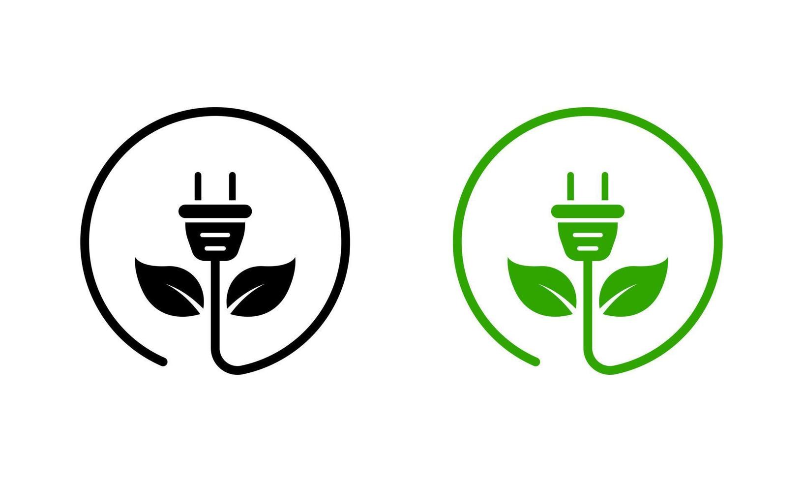 elétrico plugue verde energia silhueta ícone cor definir. eco eletricidade poder com folha. renovável ecologia sustentável tecnologia símbolo coleção em branco fundo. isolado vetor ilustração.
