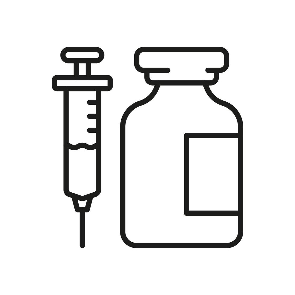 médico seringa e vidro garrafa linha ícone. insulina dose dentro frasco pictograma. remédio injeção, injetar tratamento esboço ícone. gripe vacinação símbolo. editável AVC. isolado vetor ilustração.