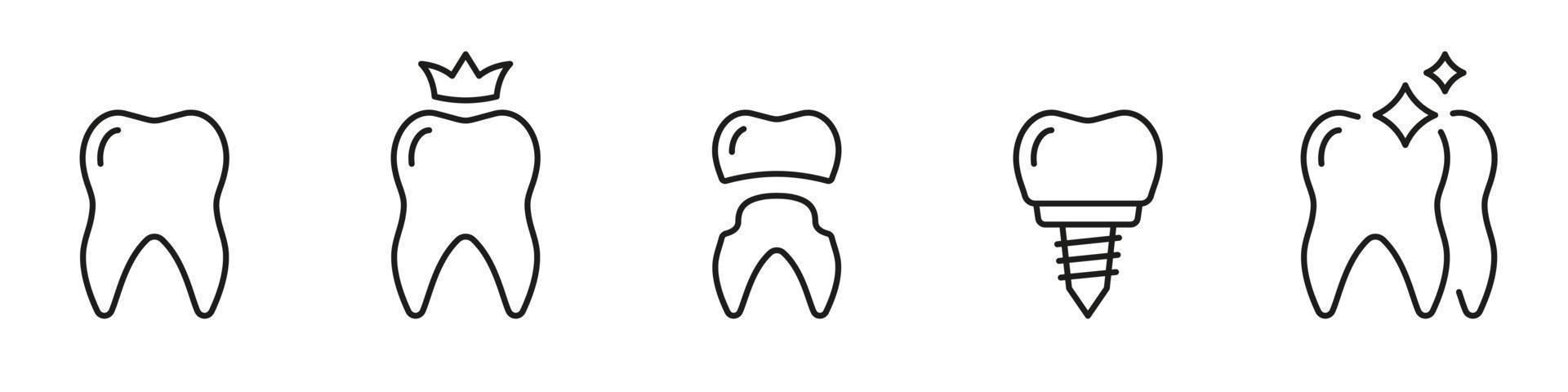 dental implantar linha ícone definir. dentadura tecnologia. dental implantação tratamento. dente Cuidado, folheado restauração pictograma. odontologia esboço símbolo. editável AVC. isolado vetor ilustração.