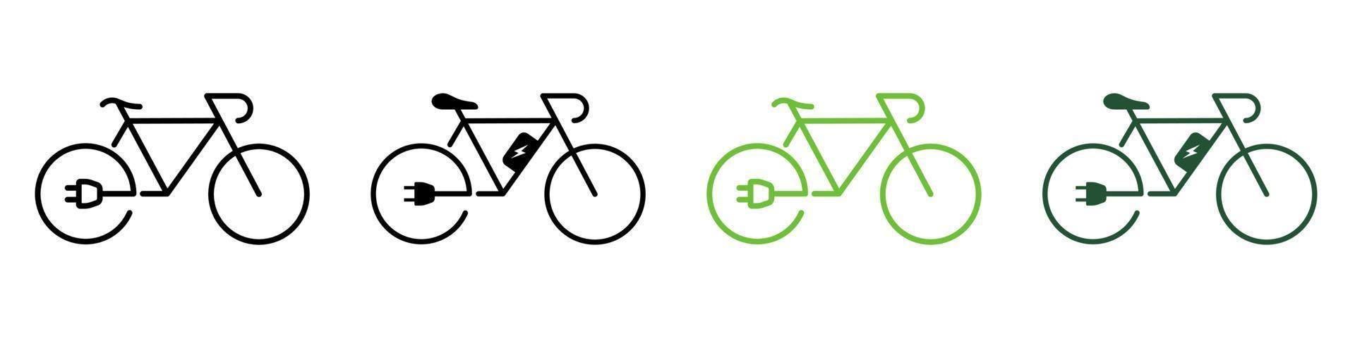 ecológico elétrico bicicleta. eletricidade poder eco bicicleta com carregar plugue símbolo coleção em branco fundo. verde energia bicicleta linha e silhueta ícone cor definir. isolado vetor ilustração.