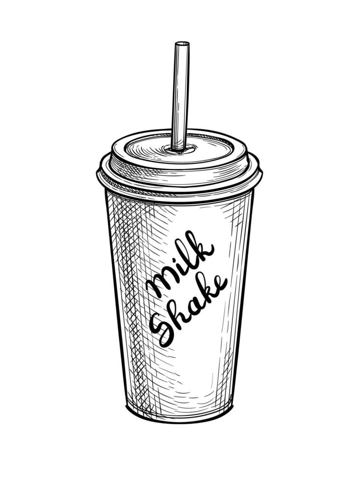 milkshake dentro papel ou plástico copo com tampa e bebendo canudo. tinta esboço isolado em branco fundo. mão desenhado texto. vetor ilustração. retro estilo.