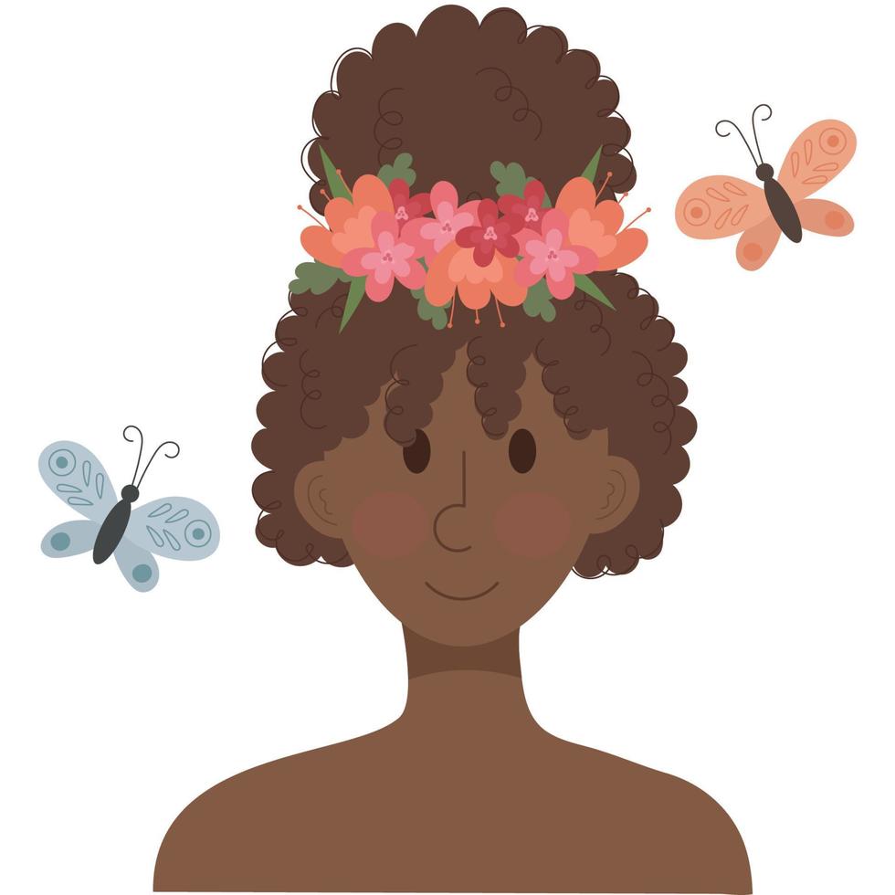 Preto menina, mulher dentro uma flor guirlanda e borboletas. Primavera garota. amor seu corpo conceito.amor você mesmo conceito. vetor