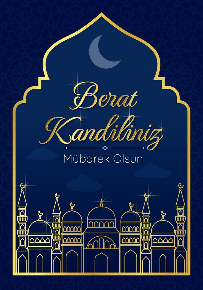 muçulmano feriado berat candili. vetor conceito do islâmico piedosos noite. tradução islâmico piedosos noite. cartão com uma linear dourado silhueta do a mesquita. vetor em Sombrio azul fundo