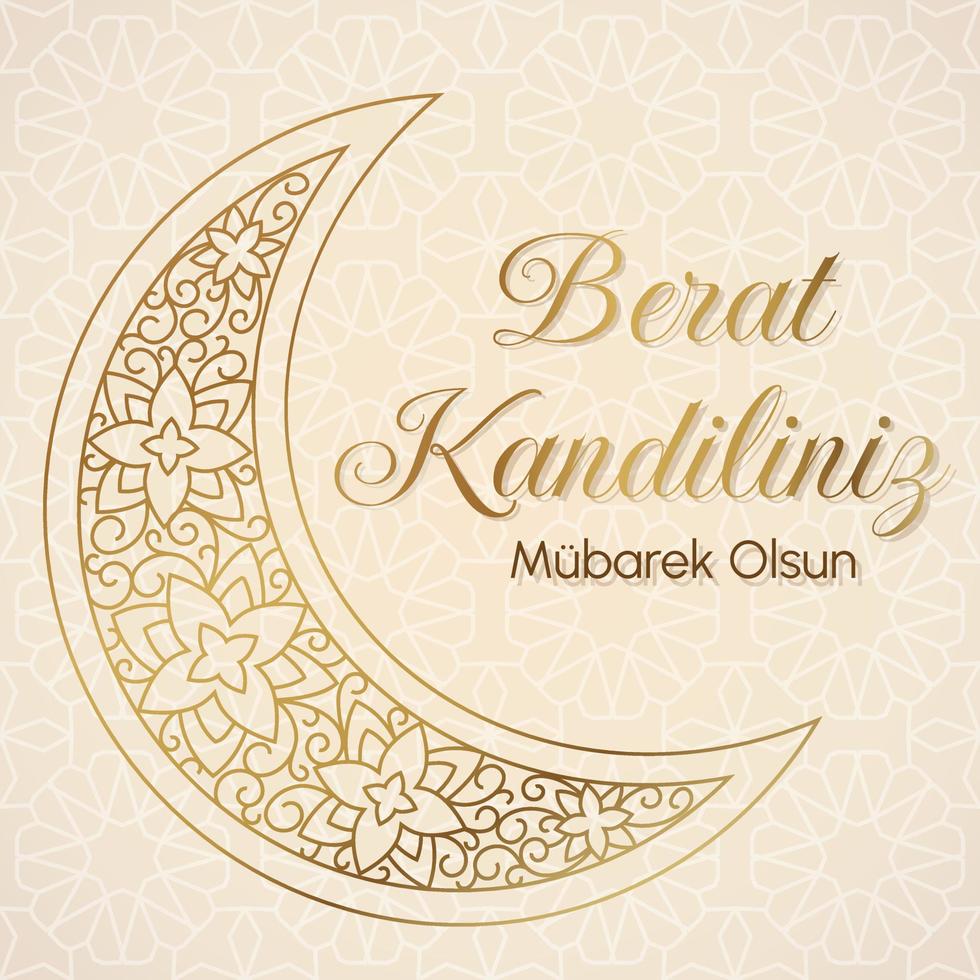 muçulmano feriado berat candiliniz. vetor conceito do cartão para islâmico piedosos noite. silhueta do dourado crescente lua com árabe padronizar em luz bege gradiente fundo