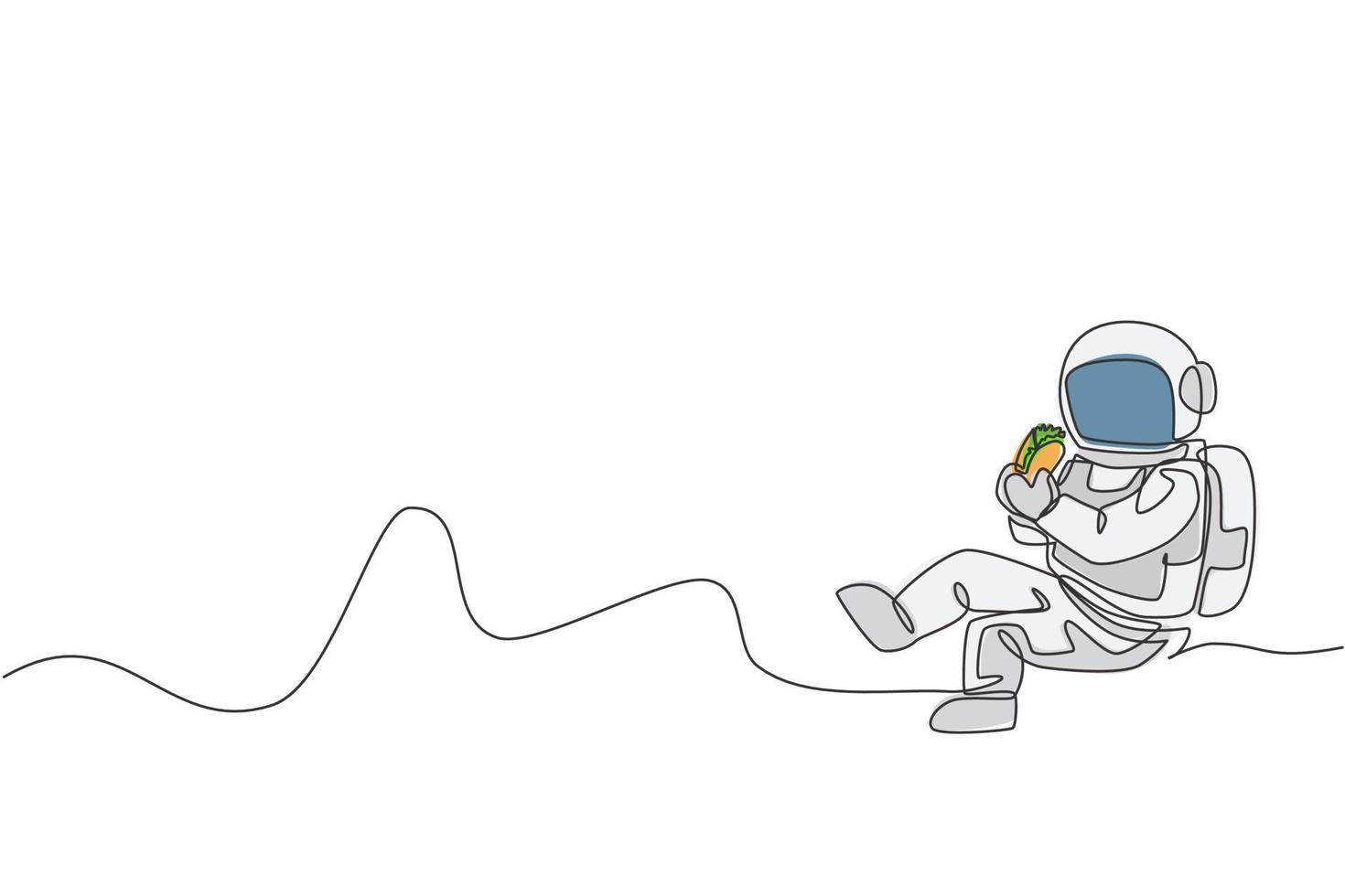 desenho de linha única contínua de astronauta sentado relaxando na superfície da lua e comendo um delicioso taco mexicano. ficção de fantasia do conceito de vida do espaço sideral. ilustração em vetor desenho desenho de uma linha na moda